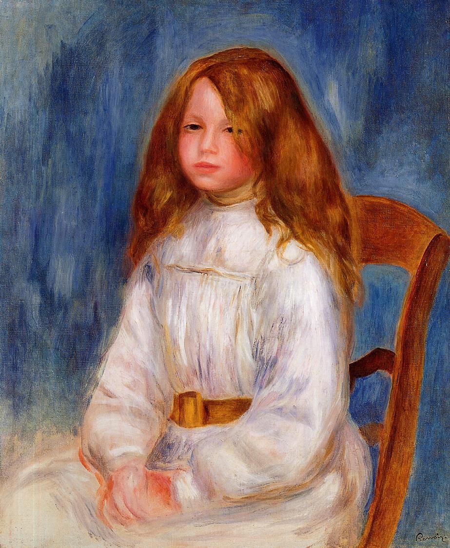 Seated Little Girl with a Blue Background - Pierre-Auguste Renoir painting on canvas